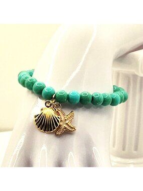 Turquoise Coastal Bracelet, Starfish Shell Charm Bracelet, Beachy Beaded Jewelry